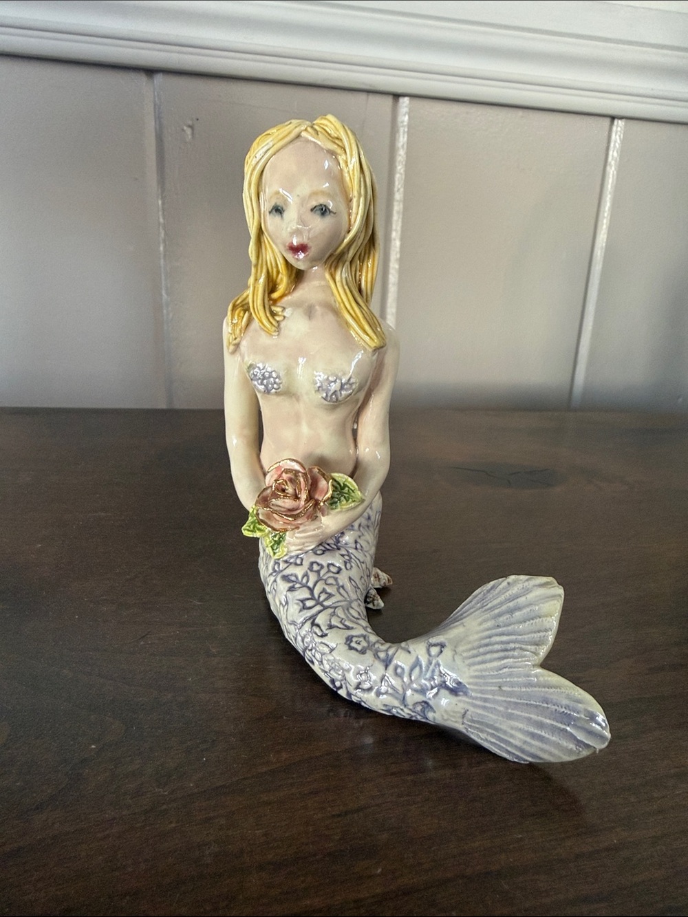 Decorative Ceramic Mermaid Figurine in Cream and Blue